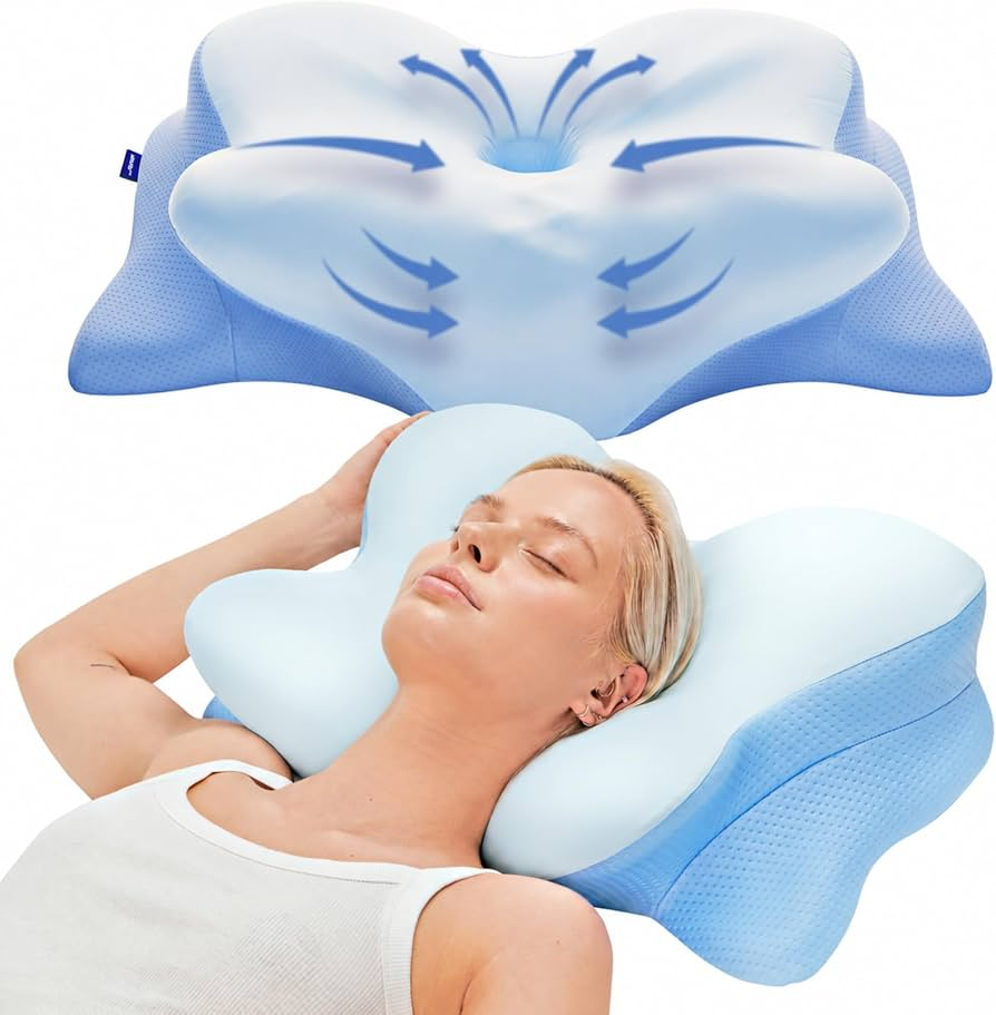 Derila Ergo butterfly pillow with support arrows, and a woman resting on its contoured surface