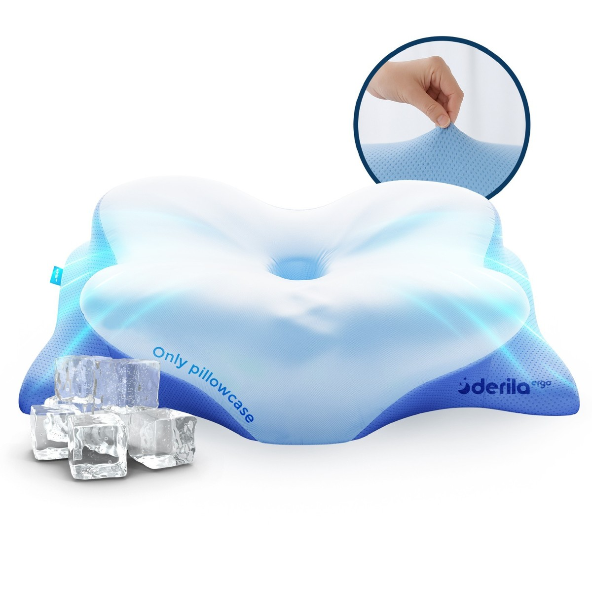 Derila Ergo cooling pillowcase reference with fabric detail; the image is labeled Only pillowcase