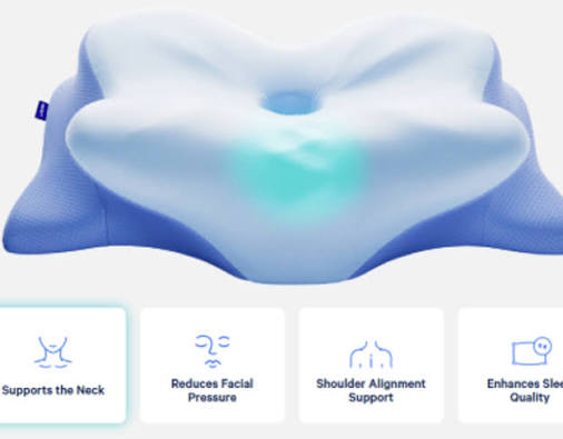 Derila Ergo contoured pillow and illustrated support areas for the neck, face and shoulders
